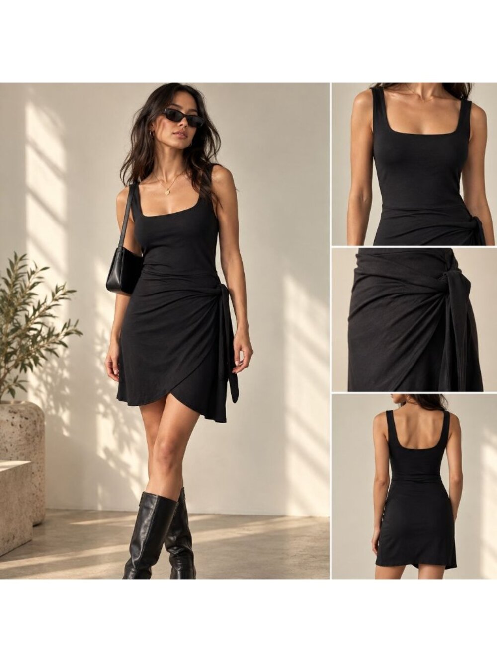 Aritzia Wilfred Saturn Mini Dress Black Sz S Wrap Tie Square Neck Ruched Y2K LBD